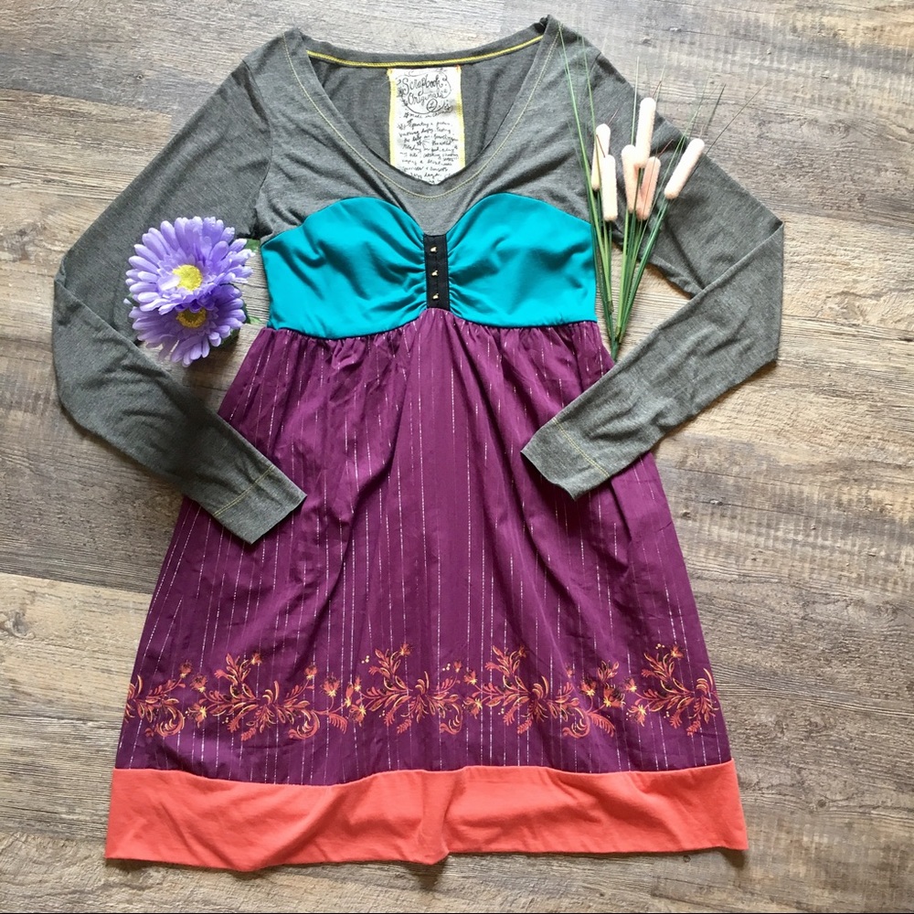 Scrapbook Long Sleeve Mini Dress in Gray, Teal, Purple, Coral